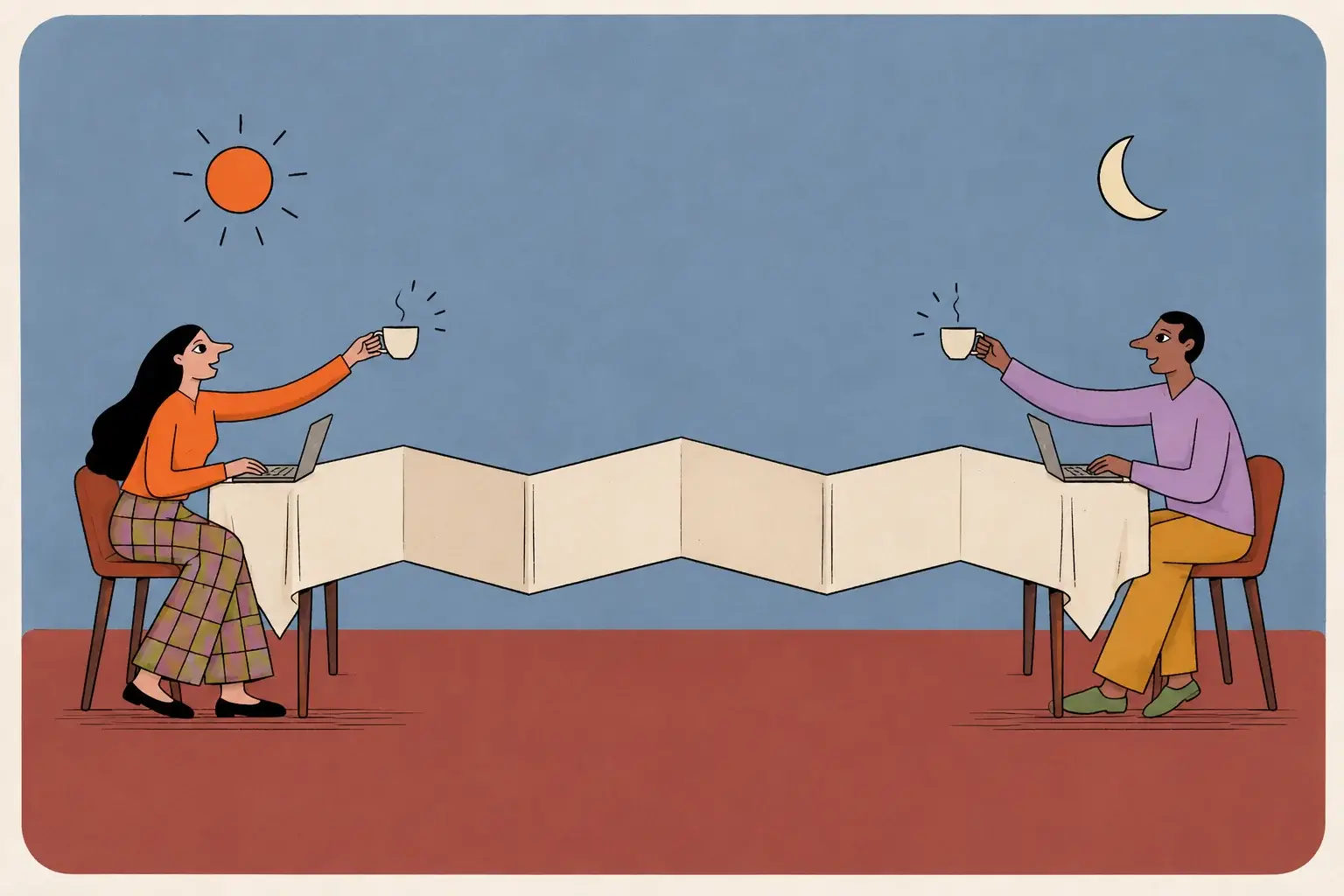 Partners raise their cups across an accordion-folded table, beneath a sun and a moon.
