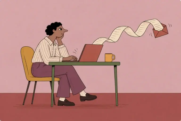 A man sits at a laptop as a paper ribbon curves towards an envelope.
