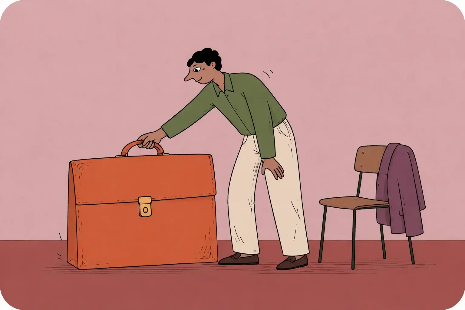 A young professional lowers an oversized briefcase beside a small chair.