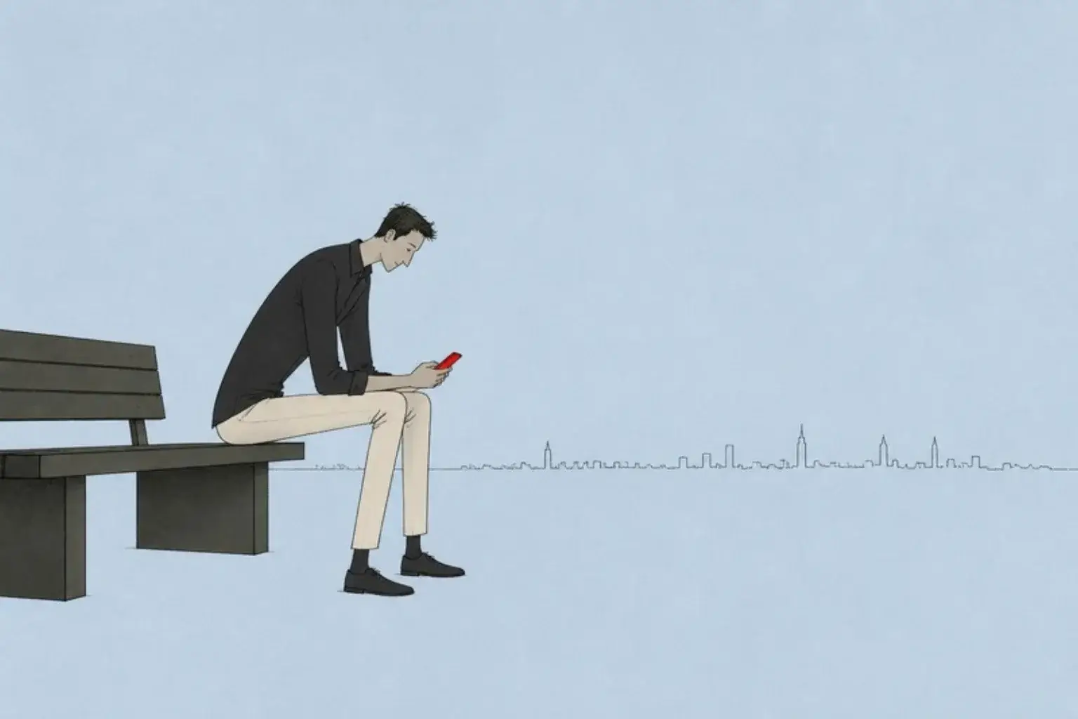 English-speaking therapist in Riyadh: a man sits alone on a bench at dusk looking at a red phone