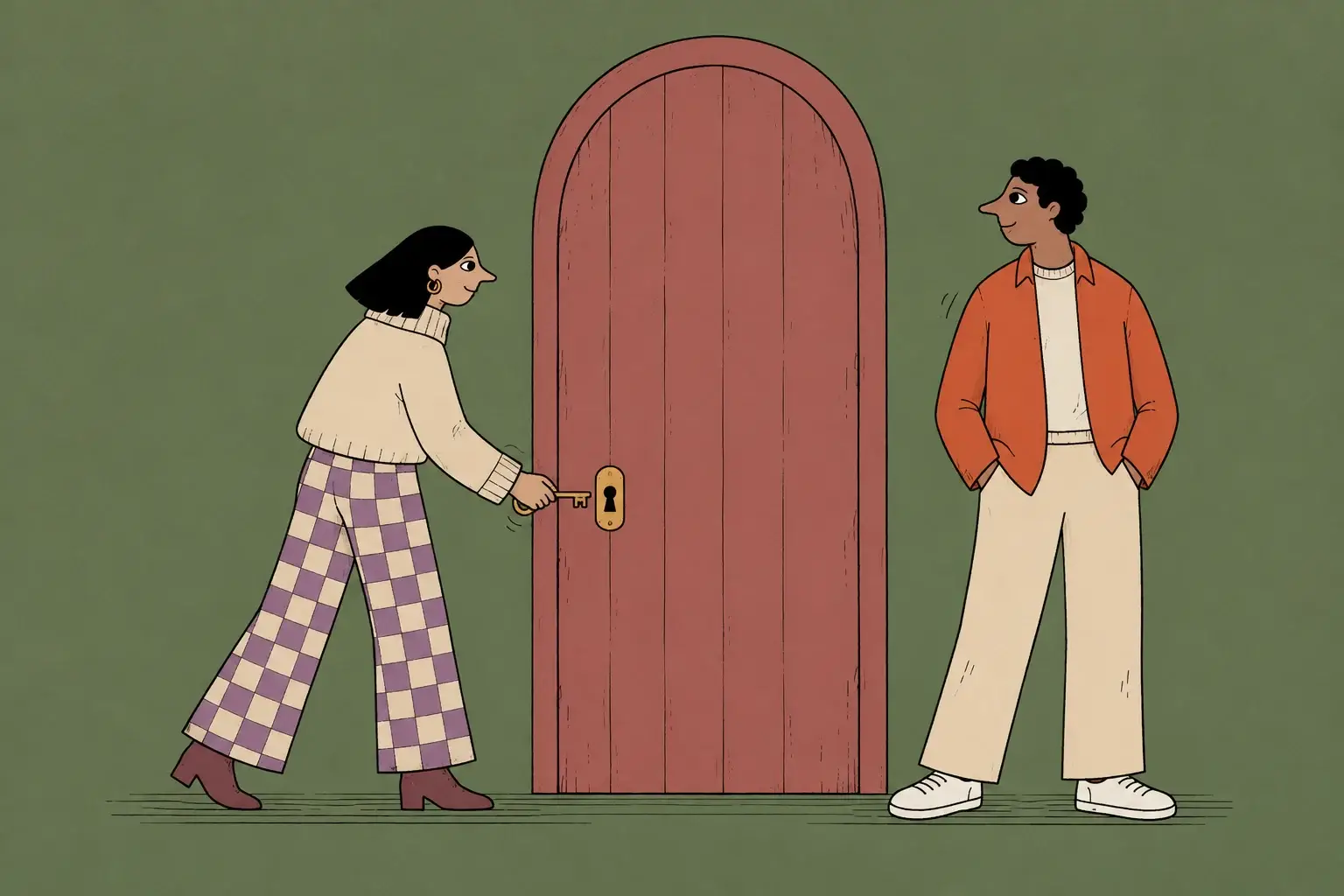 Two partners stand beside a large doorway as one prepares to use a key of her own.