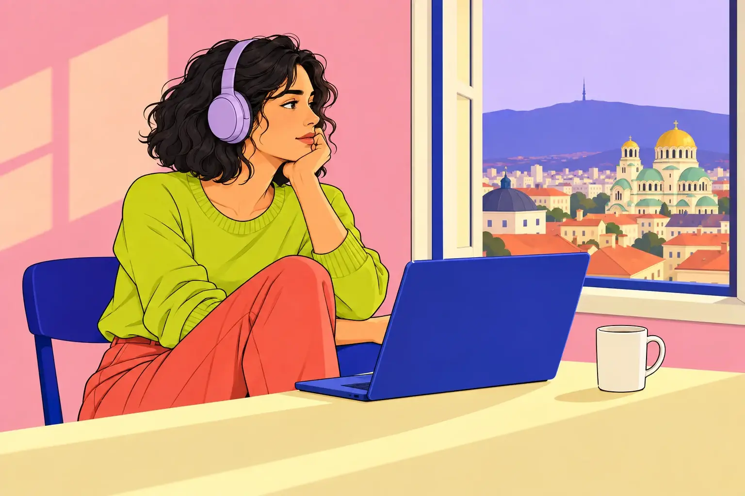 A woman wearing headphones sits with her laptop beside a window overlooking Sofia’s cathedral and mountains.
