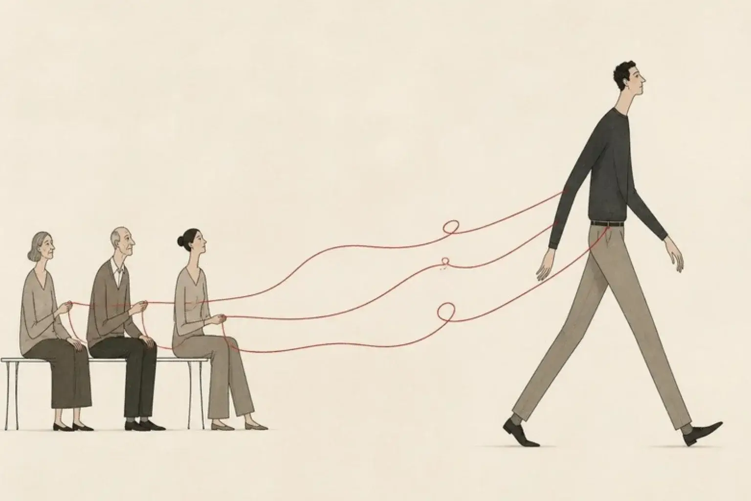 Enmeshment and infidelity: a man strides forward while three red threads run from his sleeves back to relatives seated on a bench