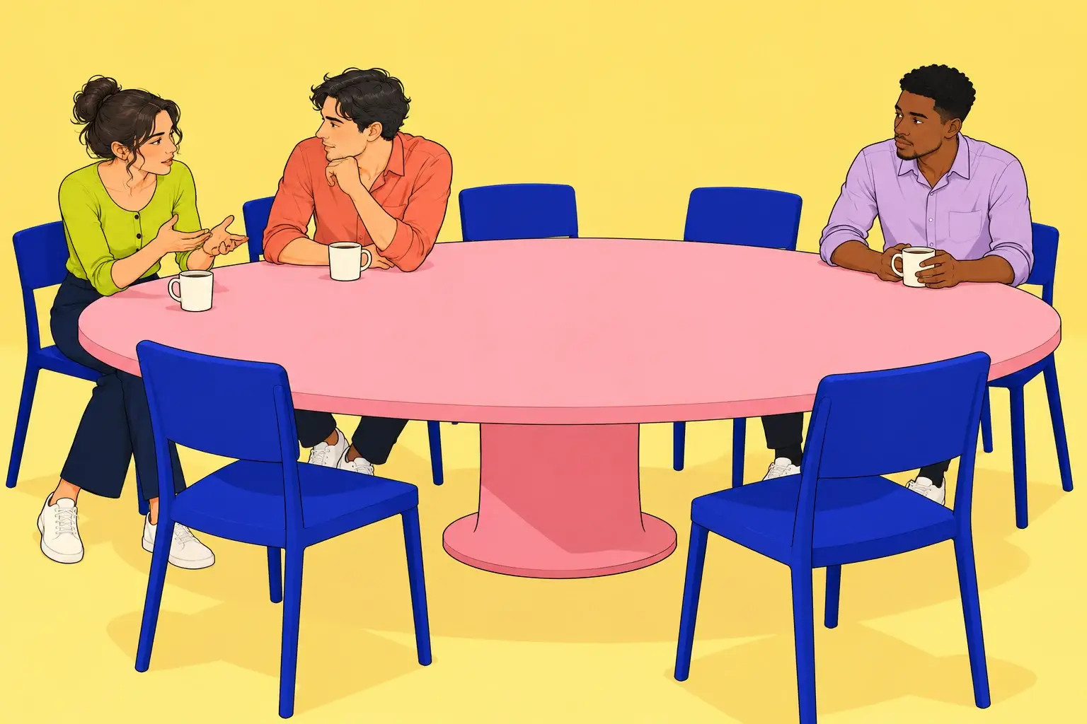 A man sits apart at a large pink table while two people talk at the other end, with empty chairs between them.