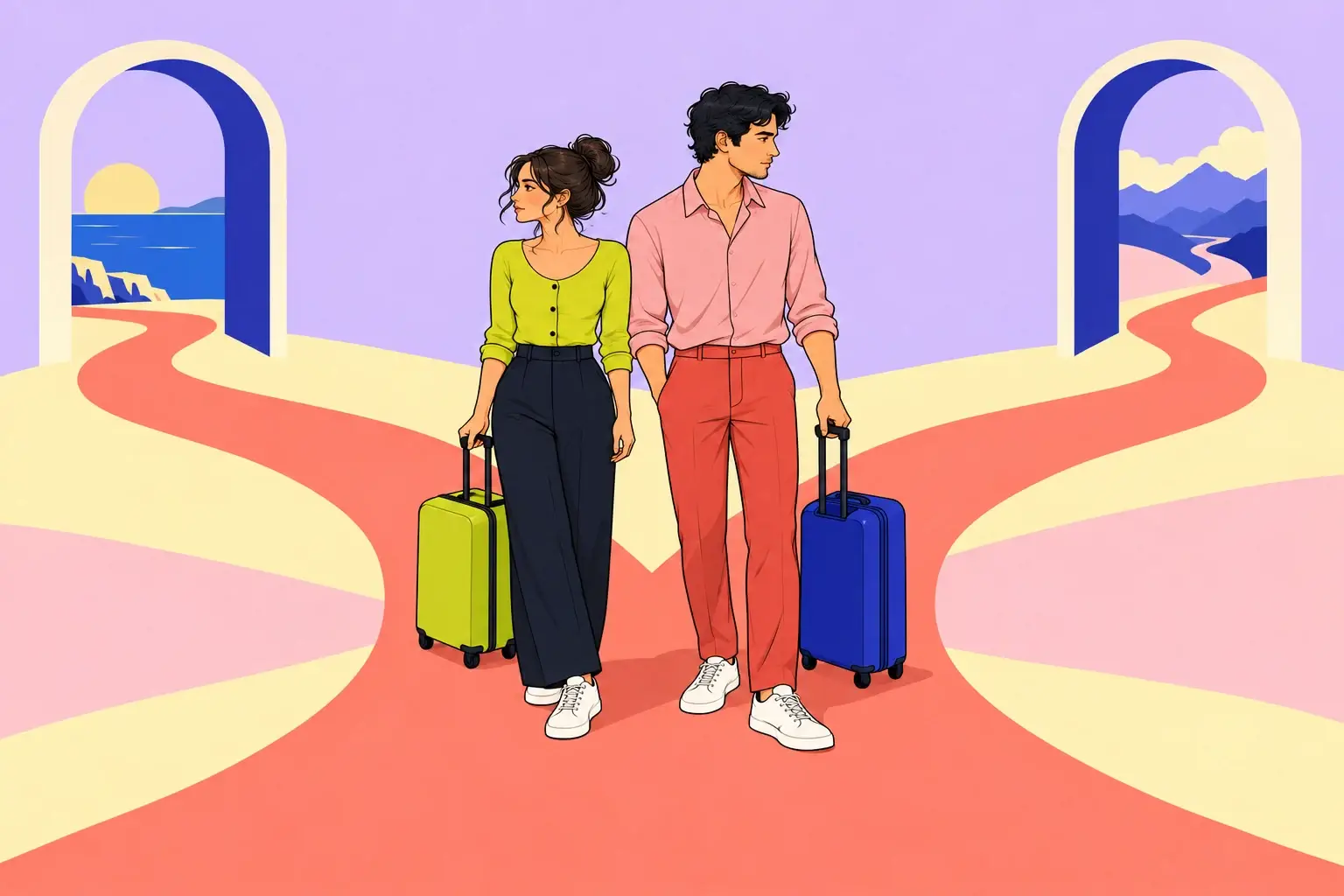 A couple stand with suitcases at a fork in a coral path, looking towards different destinations.