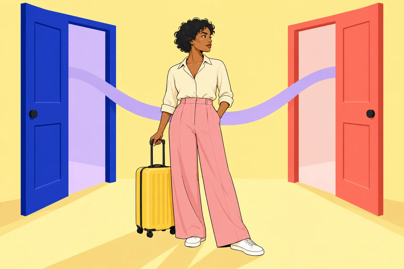 A woman with a suitcase stands between two doorways connected by a lilac ribbon.