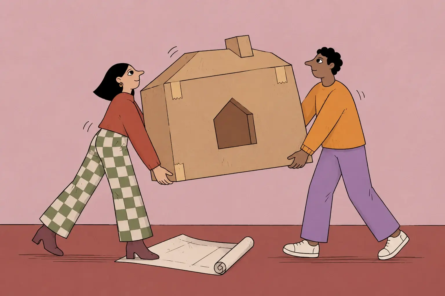 A couple carry opposite sides of an oversized moving box shaped like a house.