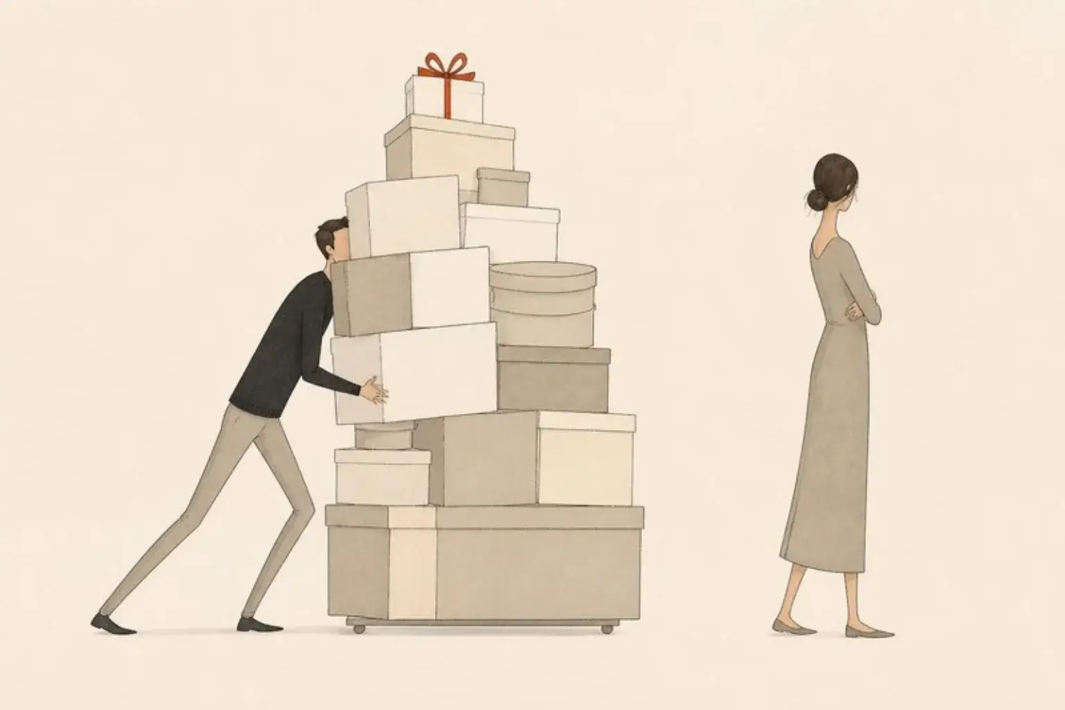 What not to do when your wife is not in love with you: a man pushes a heap of gift boxes towards a woman who has turned away