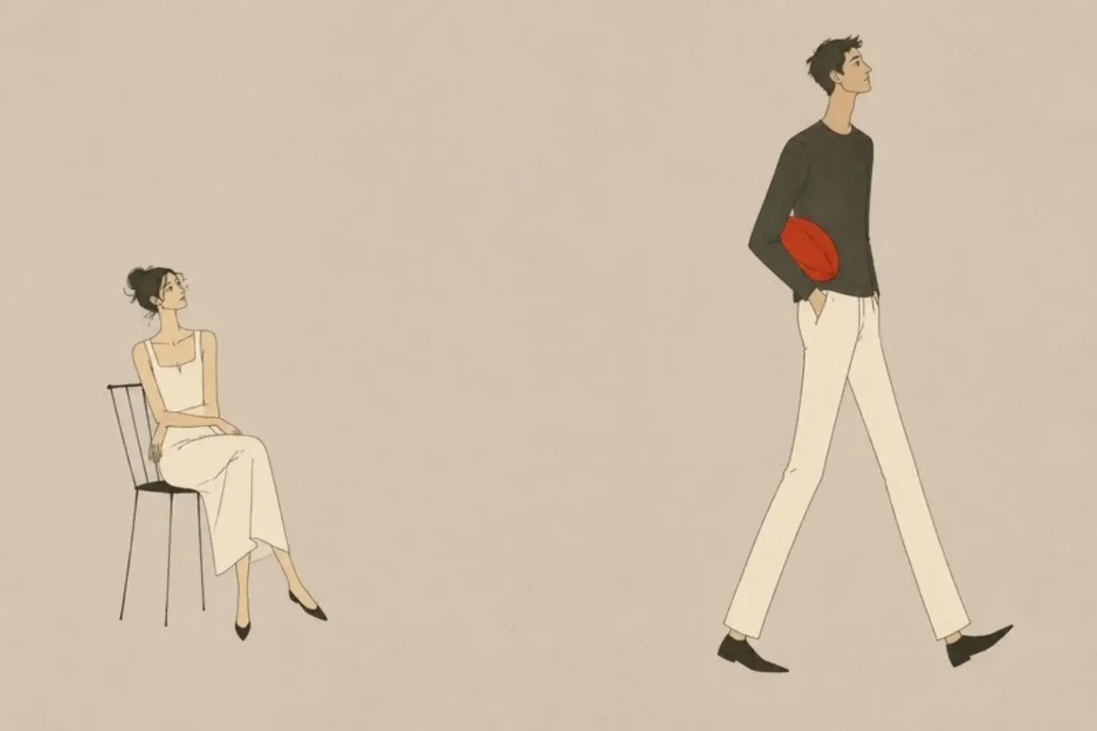 Becoming a person again after your wife says she is not in love with you: a man walks out of frame with a red football while a woman watches from a chair