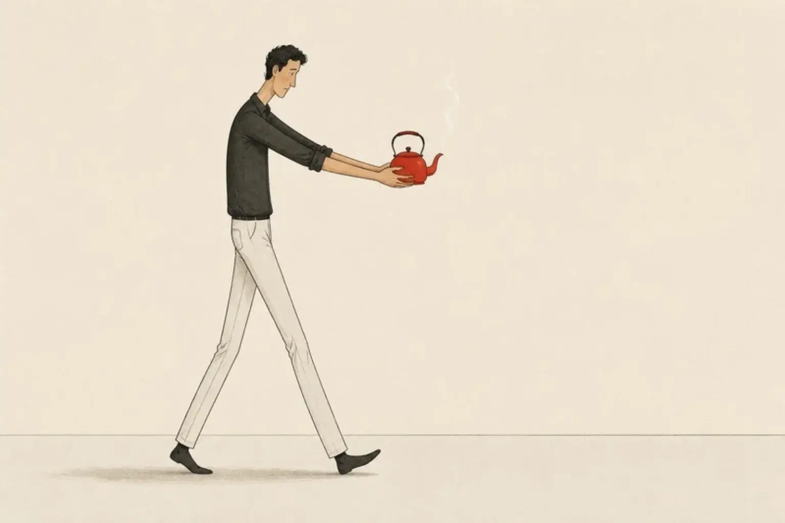 How to control anger in a relationship: a man carries a steaming red kettle carefully across a room