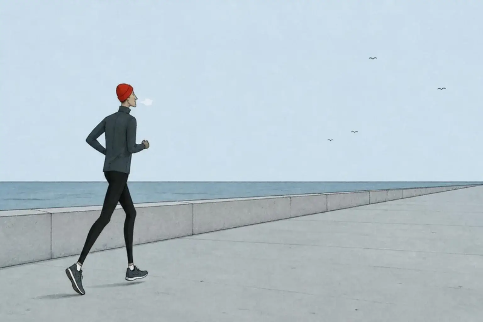 How to get over a breakup as a man: a man in a red hat runs alone along an empty seafront at dawn