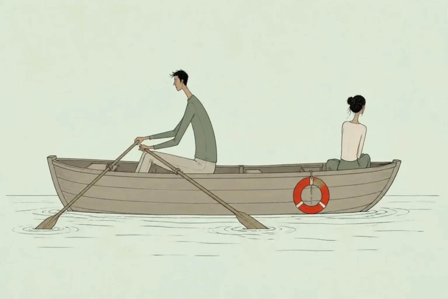 How to save your marriage on your own: a man rows a boat steadily while his wife sits looking away, a red life ring on the side