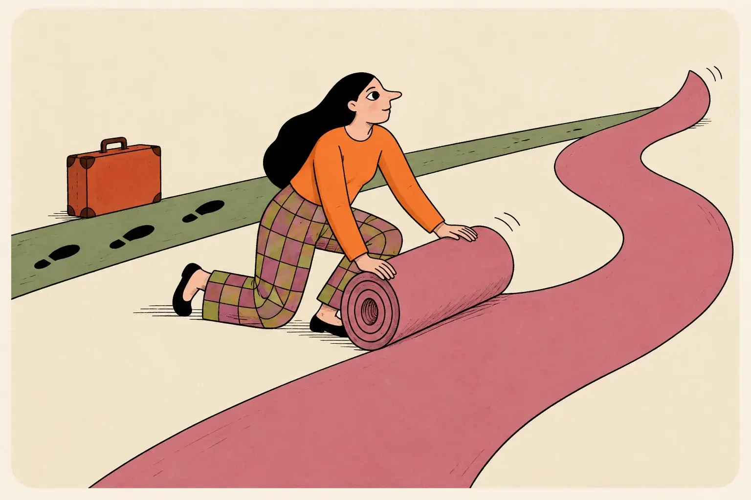 A woman unrolls a rose-coloured path beside an older green route and a suitcase.