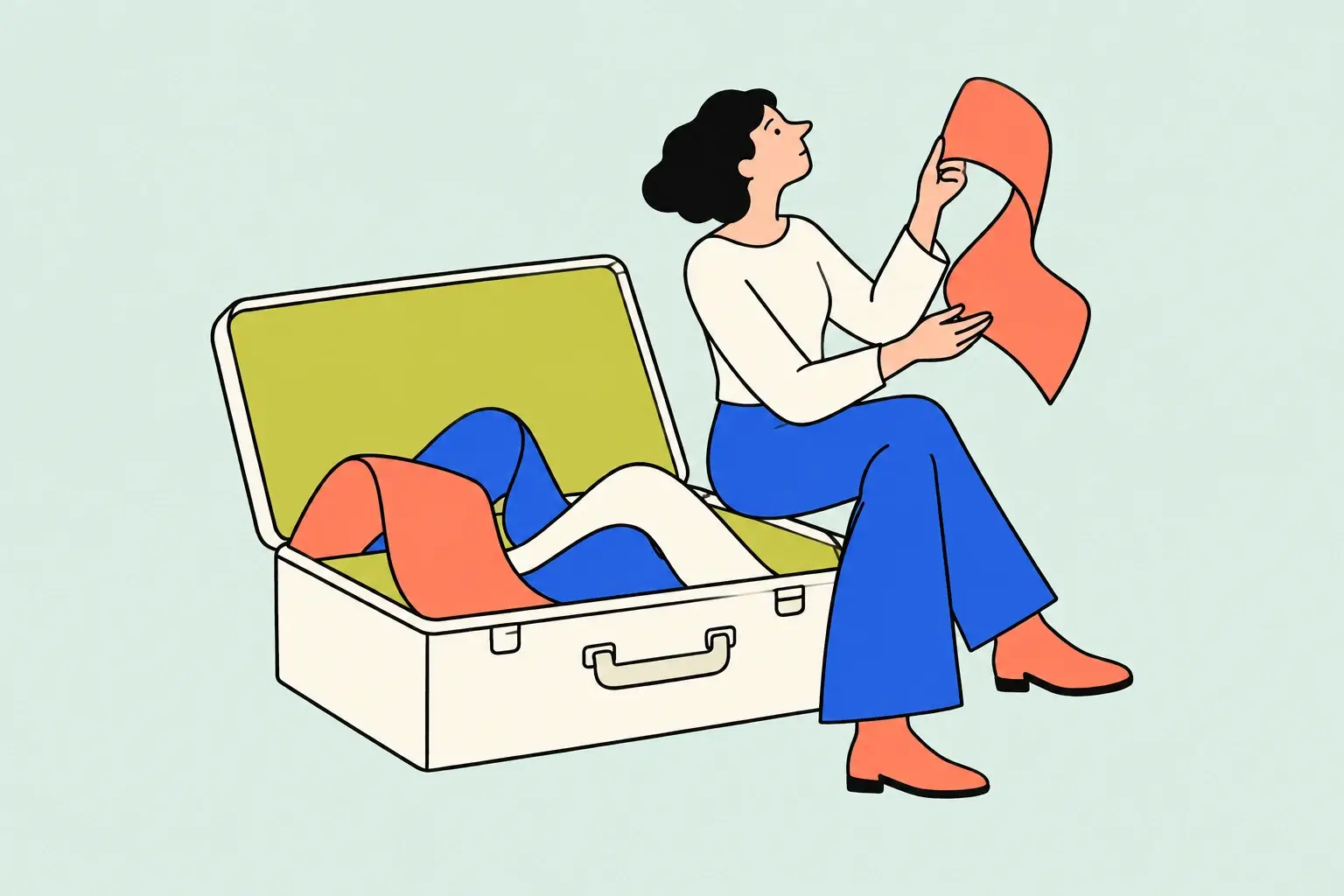 Illustration of a woman exploring colourful folds inside a large open suitcase.