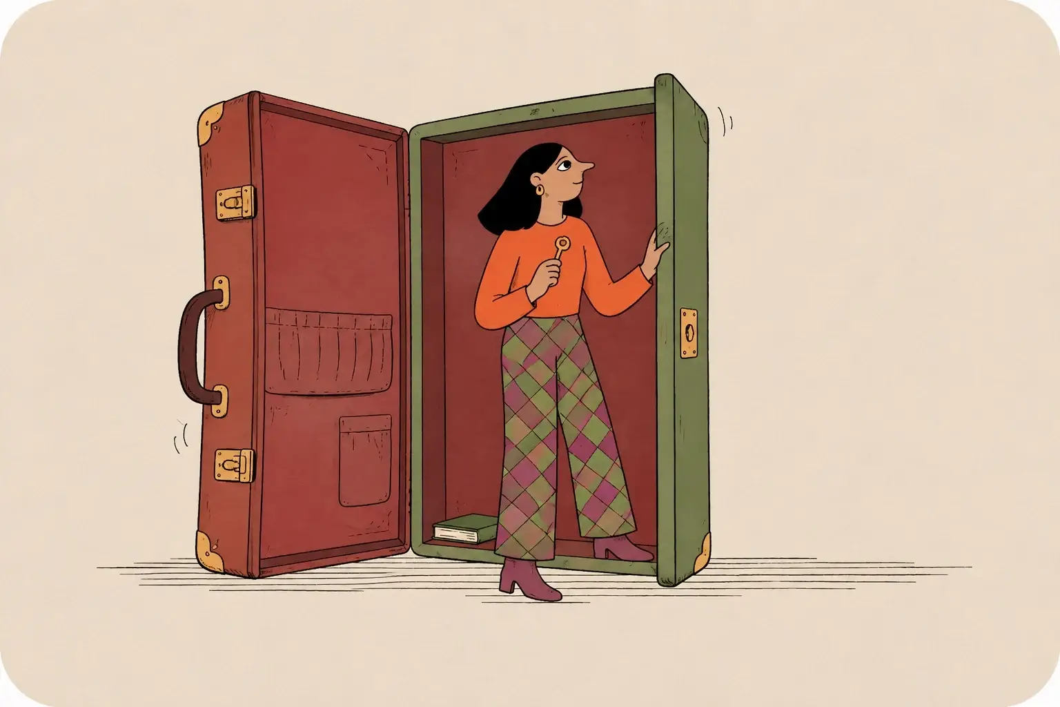 A woman holding a key steps through an open suitcase shaped like a doorway.