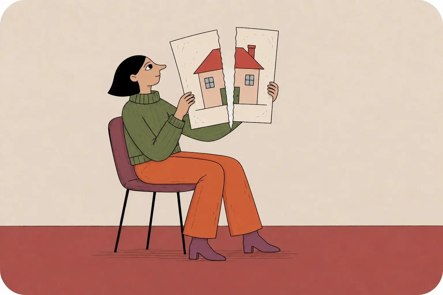A seated woman holds two separated halves of a picture of a shared home.