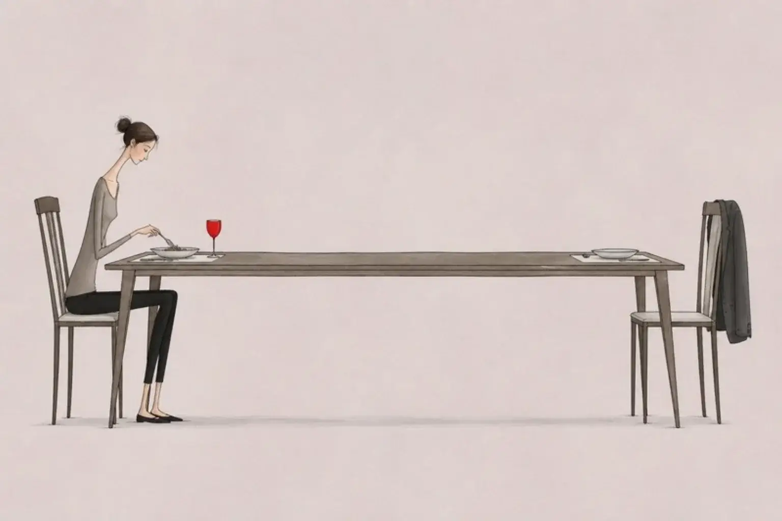 Lonely in my marriage: a woman eats alone at one end of a long table, an empty chair with his jacket at the other end