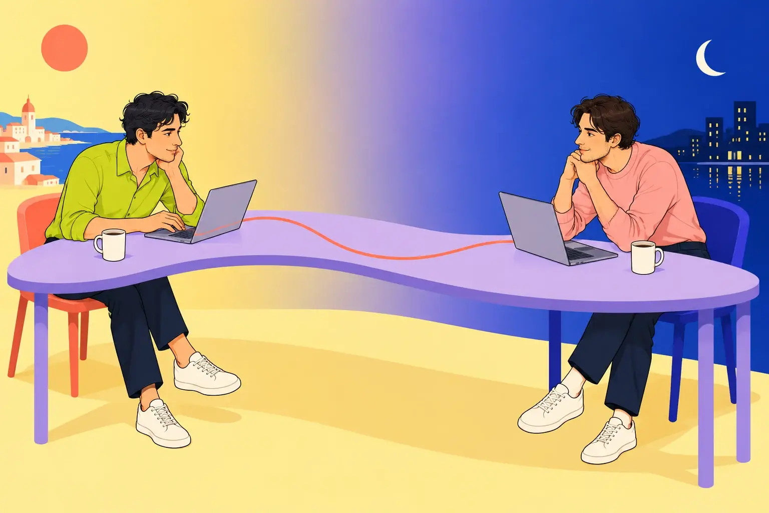 Two men sit with laptops at opposite ends of a curved table between daylight and night.