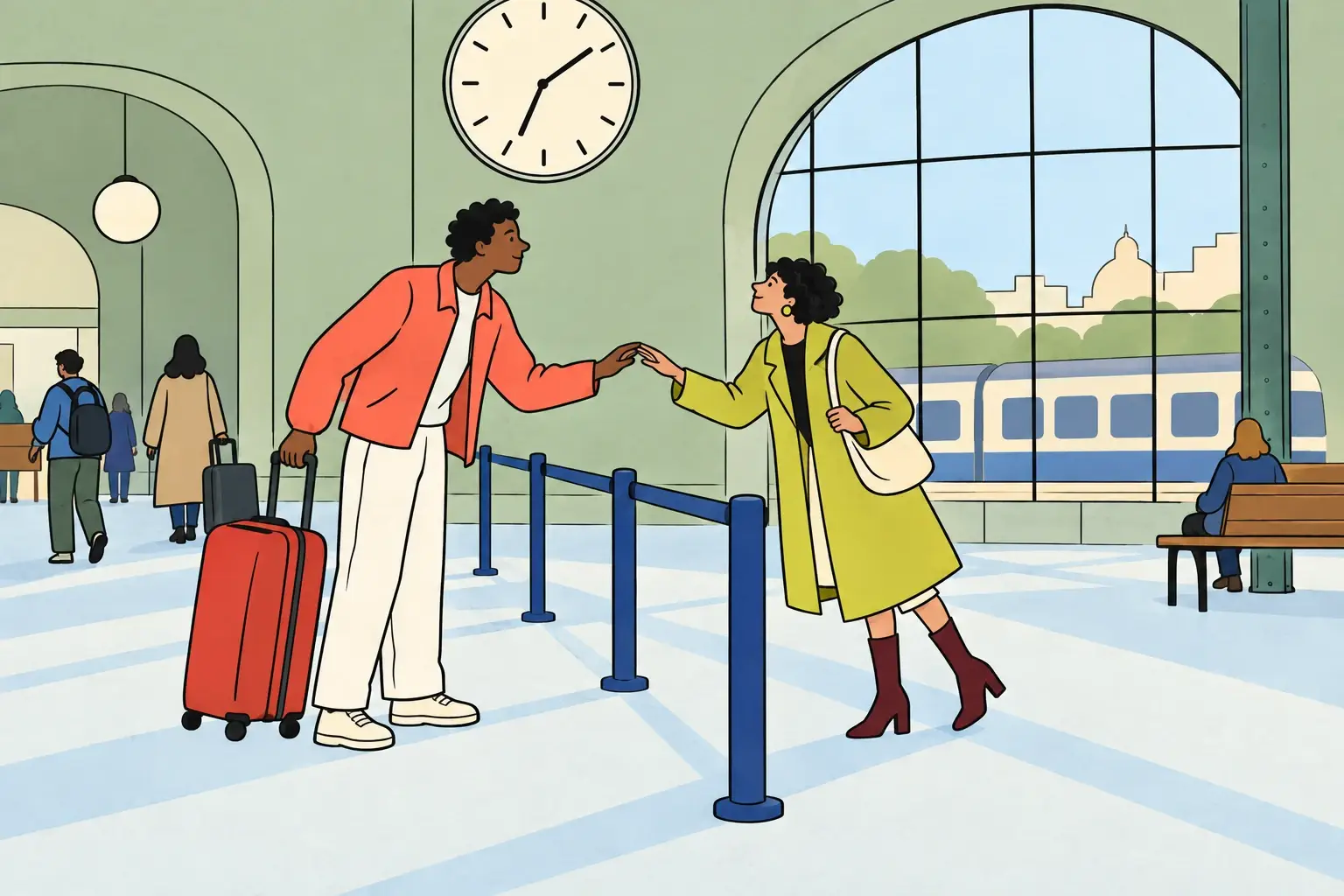 Illustration of a couple reaching towards each other across a station barrier, with luggage beside them.