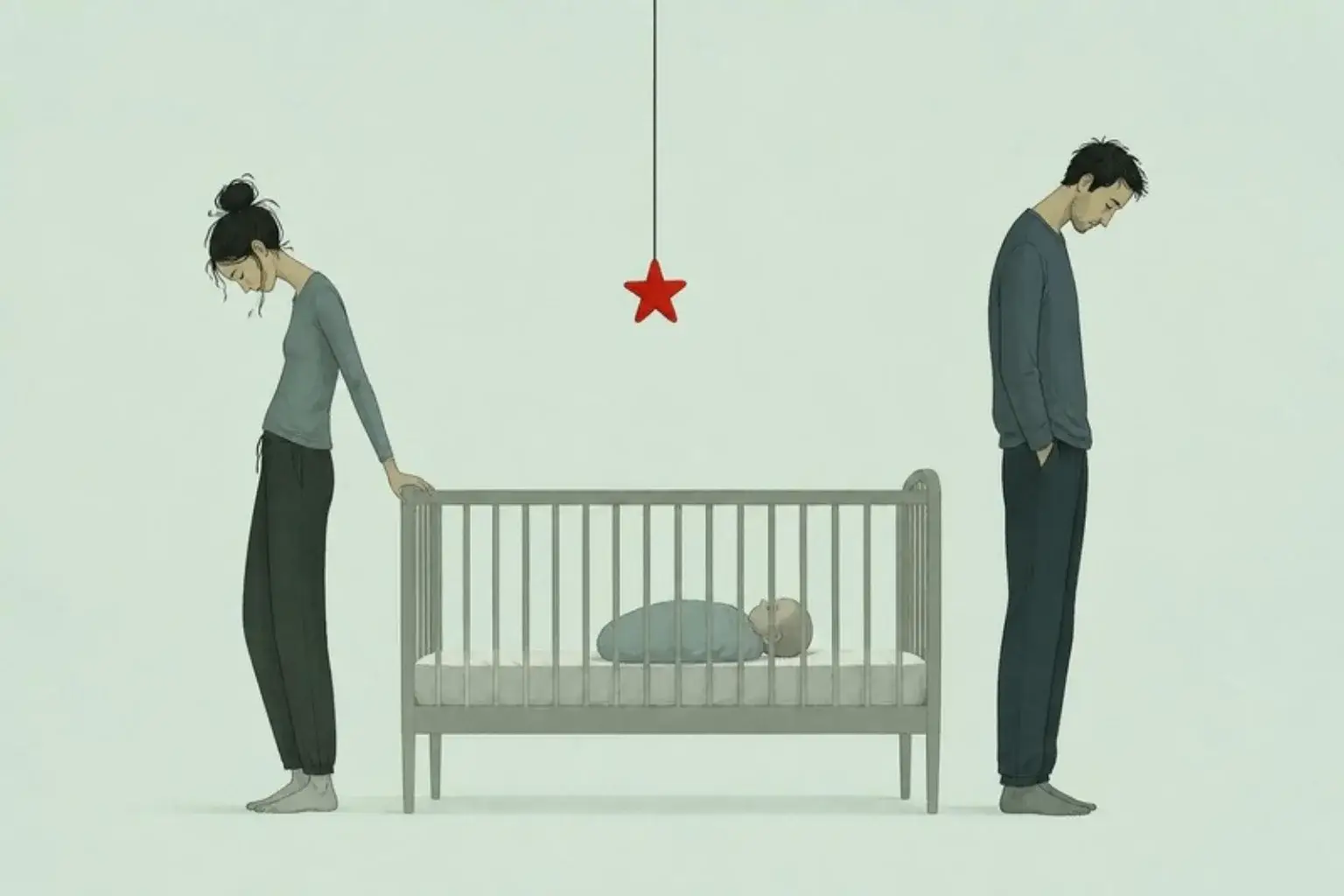 Marriage problems after a baby: exhausted parents on either side of a cot at night under a red toy star
