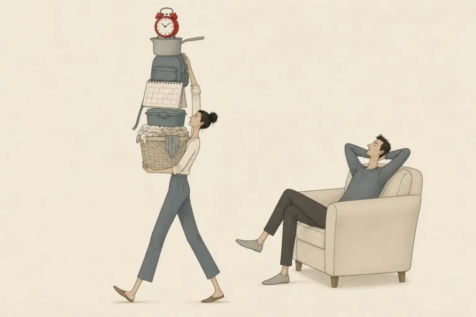 The mental load in marriage: a woman balances a tall stack of household things topped by a red clock while a man relaxes