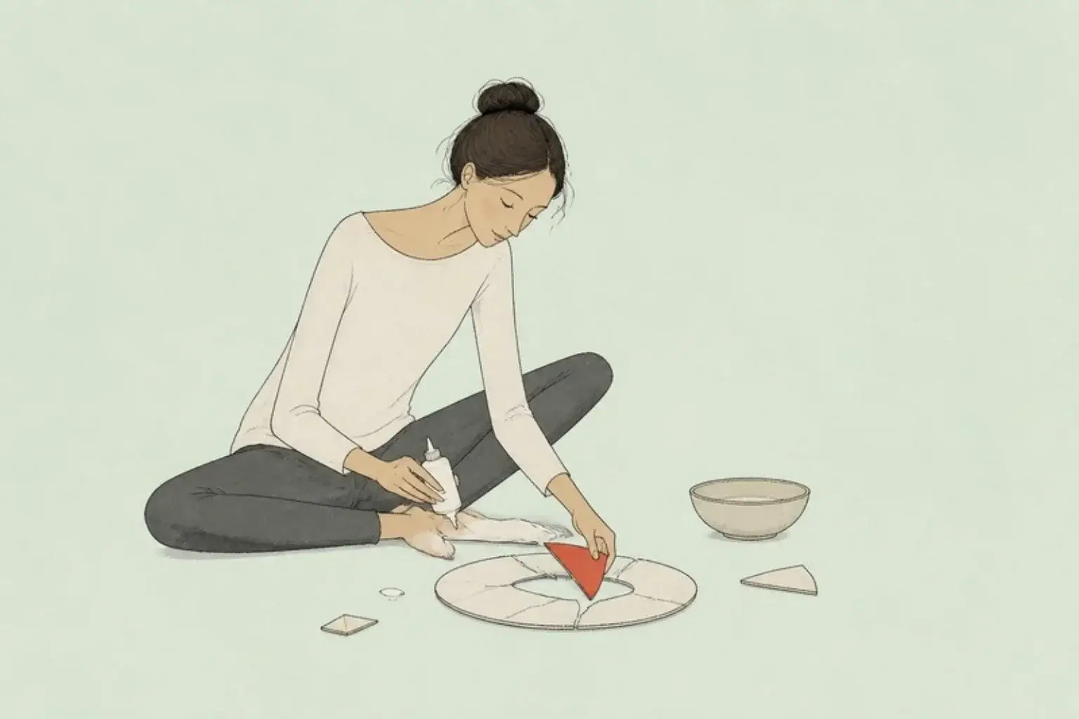 My husband cheated on me: a woman sits on the floor gluing together the pieces of a broken plate with one red piece