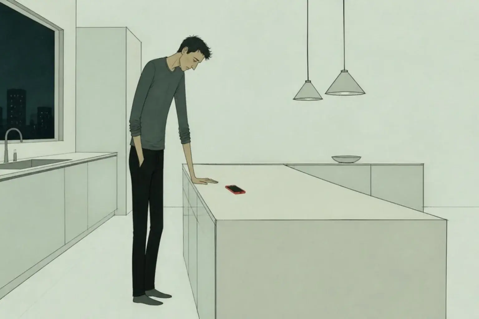 My wife cheated on me: a man stands alone in a dark kitchen looking down at a red phone on the counter