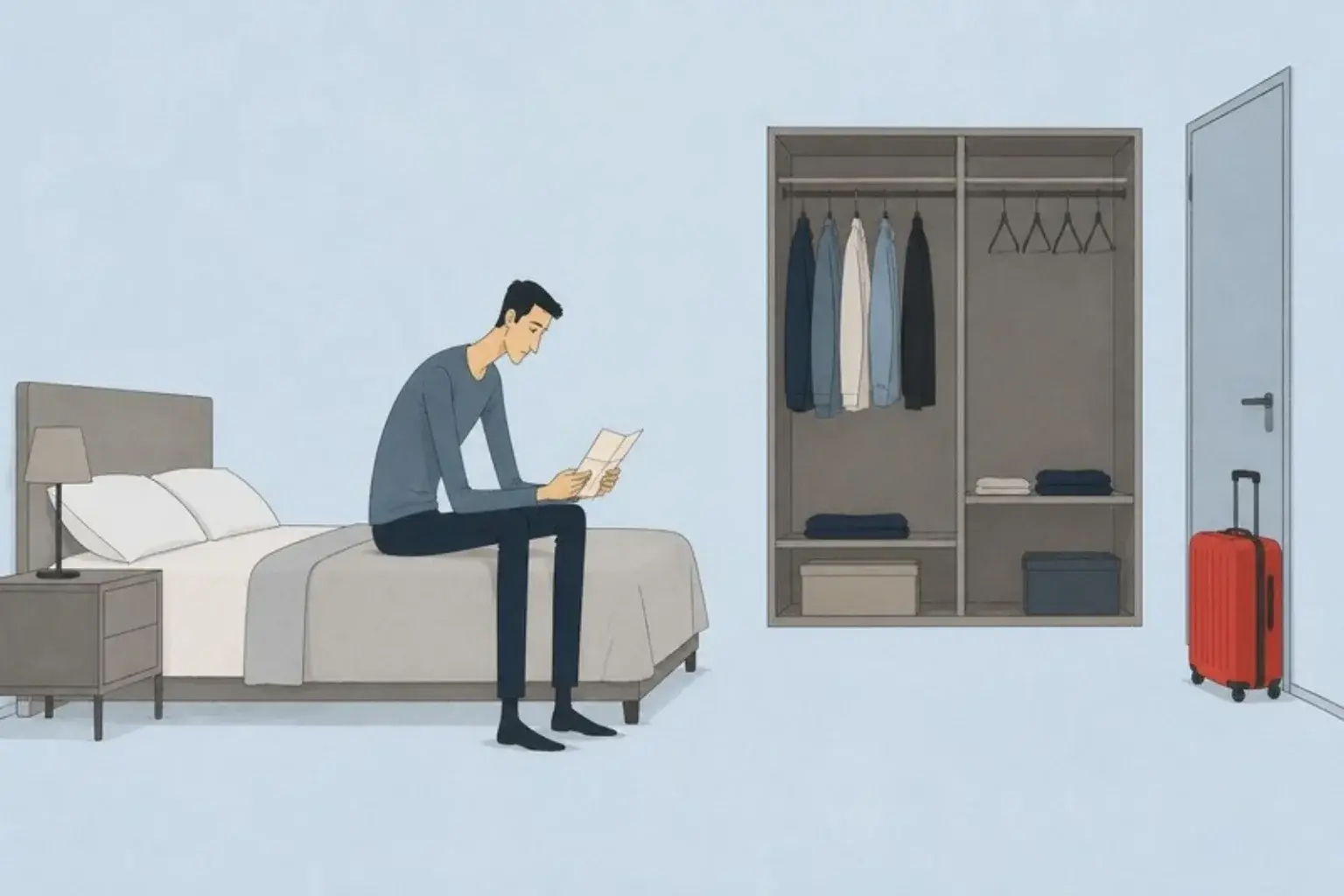 My wife wants a divorce: a man sits on the edge of a bed holding a letter, a red suitcase by the door