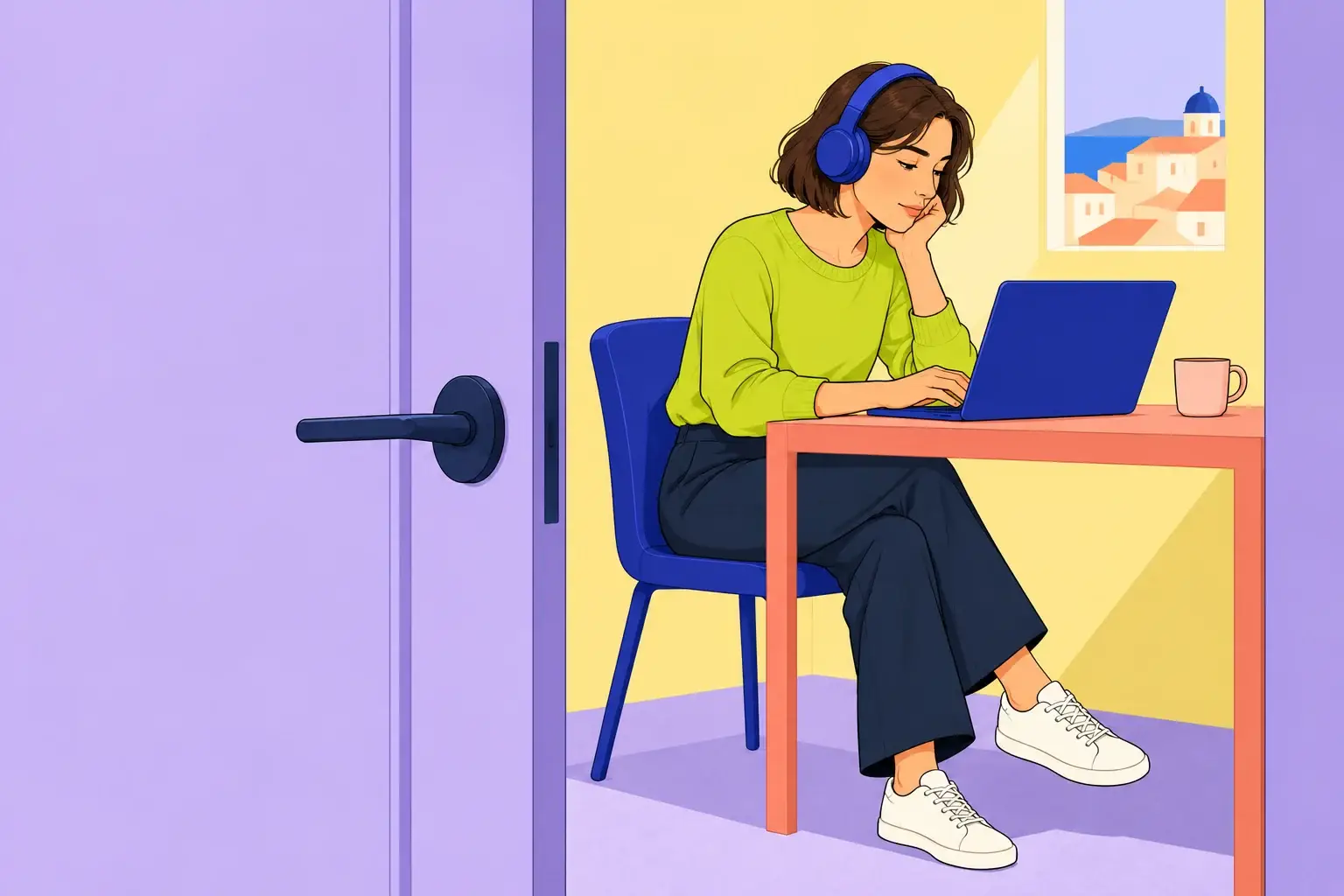 A woman uses headphones and a laptop in a room separated from the viewer by a door.