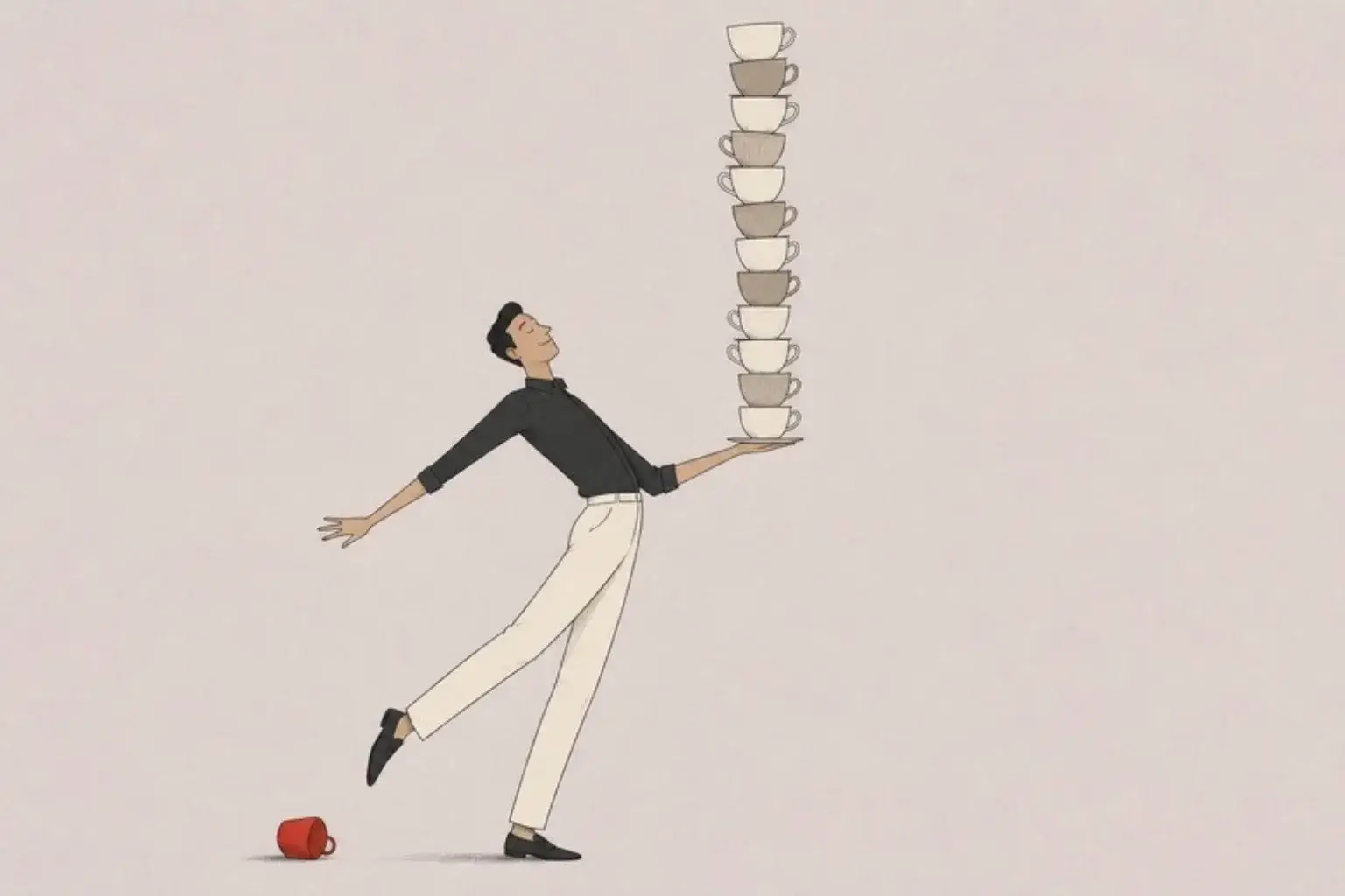 People-pleasing and infidelity: a man leans backwards balancing a tall stack of teacups, one red cup tipped over behind him