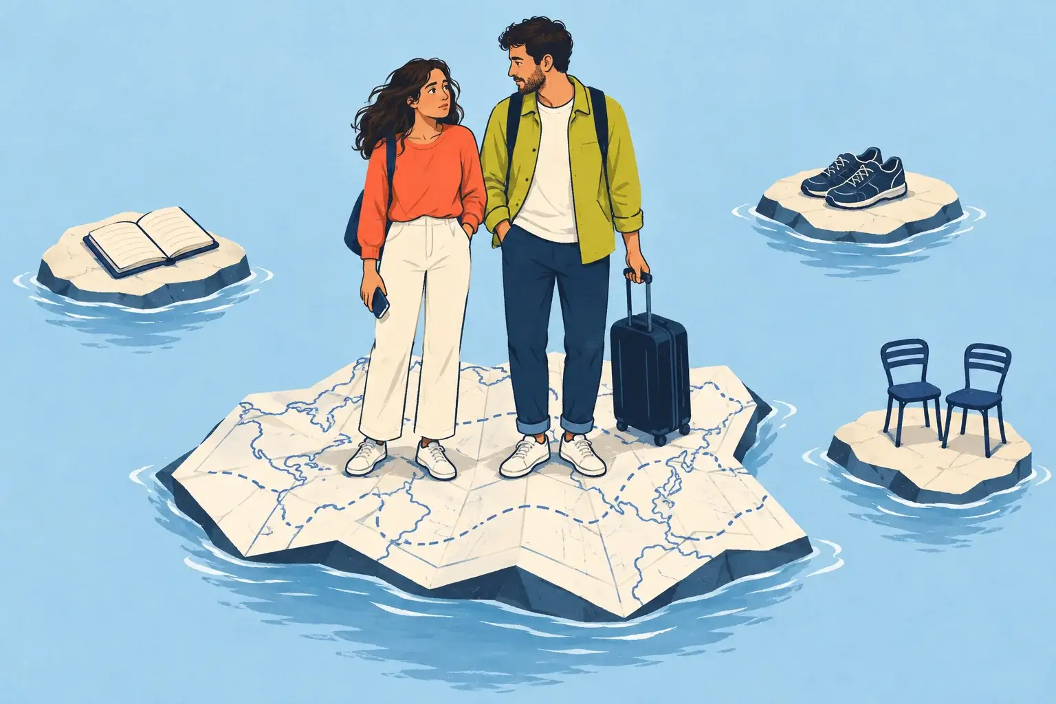 Illustration of a couple on a folded-map island, with stepping stones showing activities and connections beyond their relationship.
