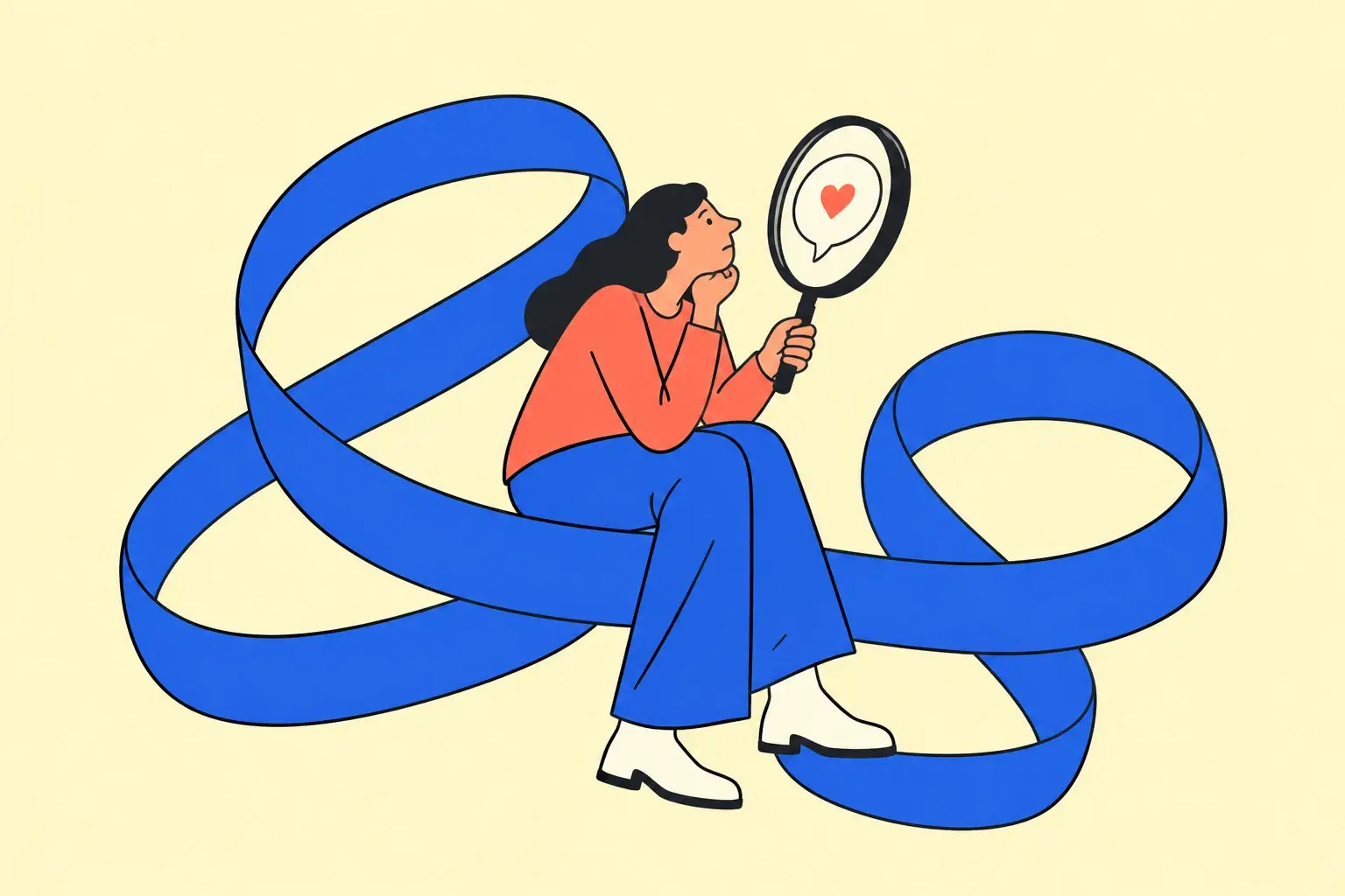 Illustration of a woman on a looping blue ribbon examining a heart-shaped message through a magnifying glass.