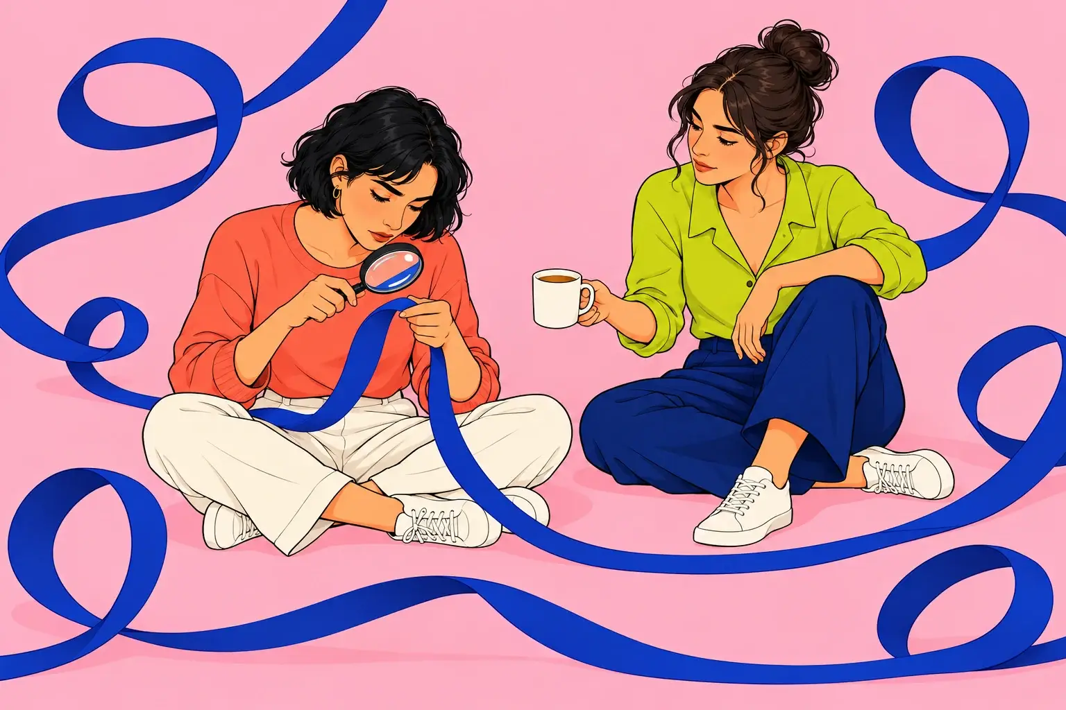A woman examines a looping blue ribbon with a magnifying glass while her partner offers a cup of tea.