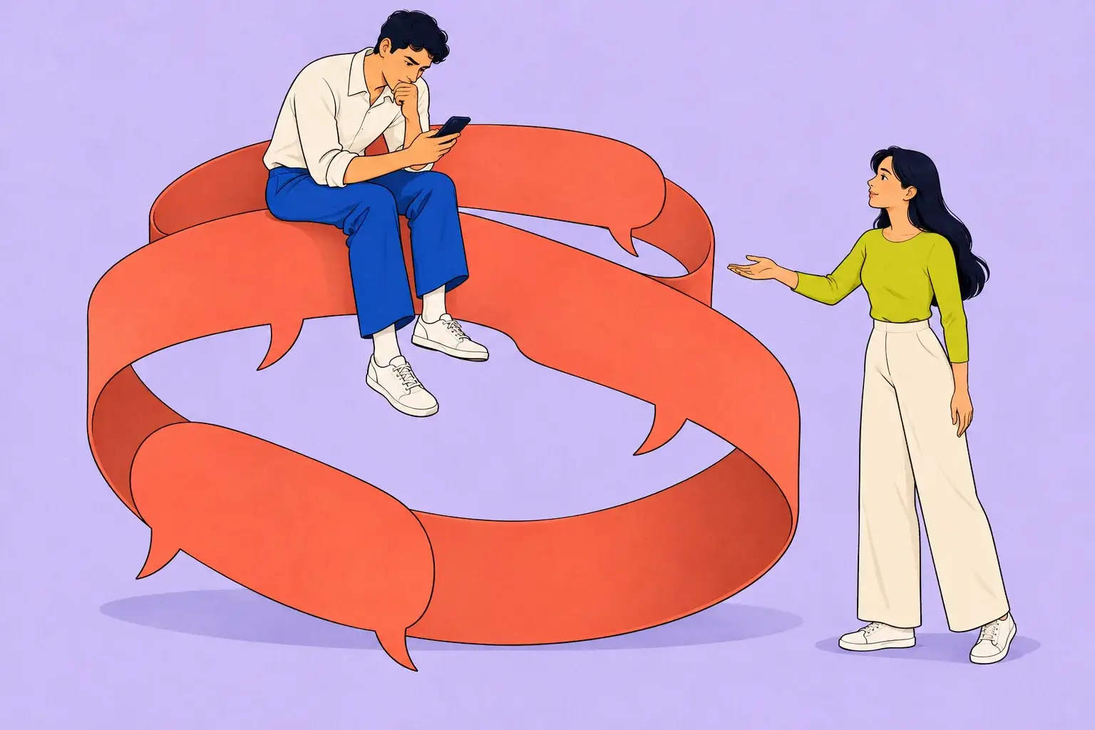 Illustration of a man reading his phone inside a looping speech ribbon while his partner reaches towards him.