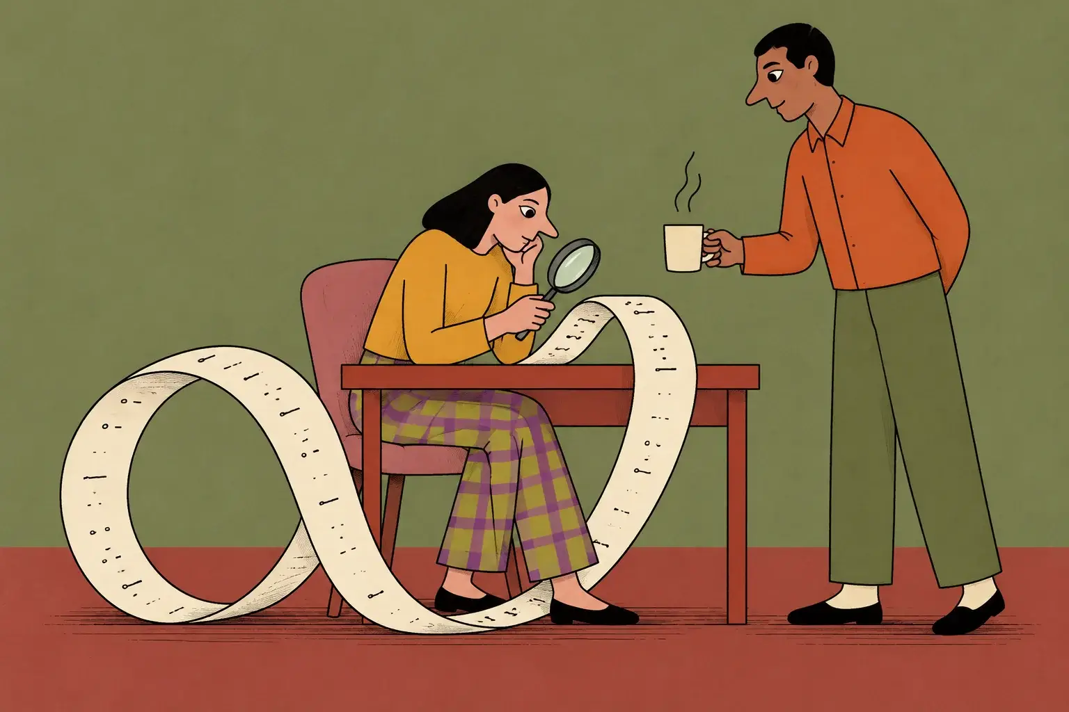 A woman examines a looping sheet of paper with a magnifying glass while her partner offers a cup.