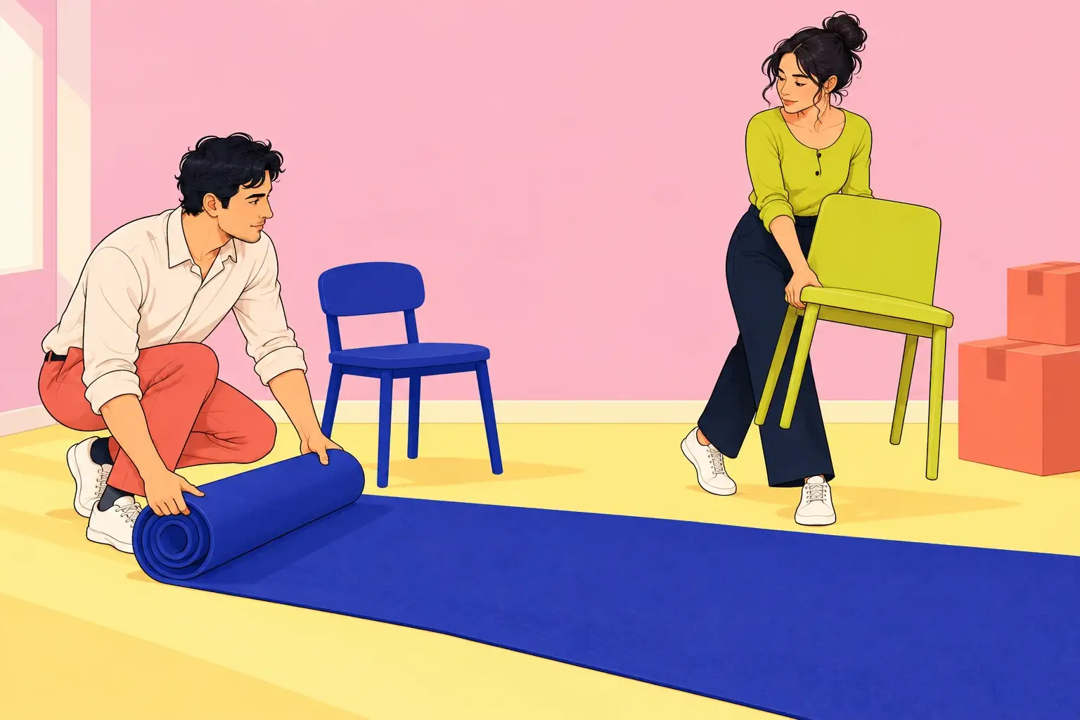 A couple unroll a blue rug in a new room, making space for two different chairs beside moving boxes.