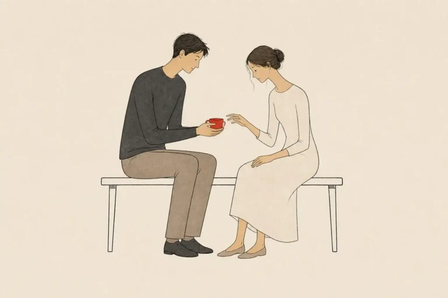 Repair after an argument: a man and a woman sit close on a bench, he offers a red cup and her hand reaches for it