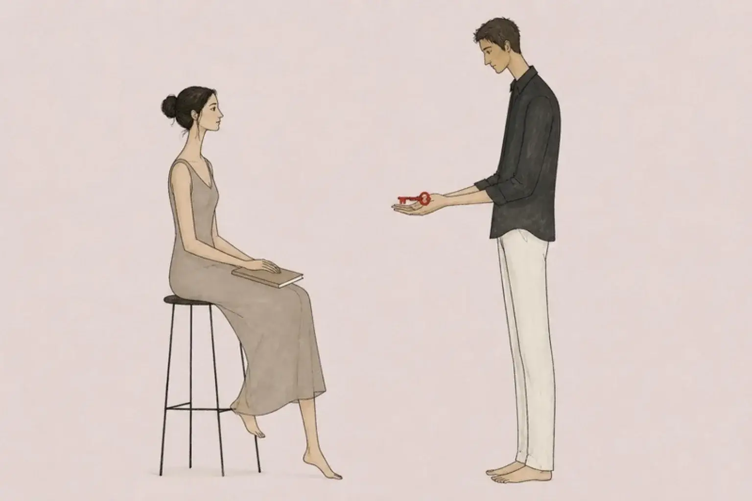 What repair after an affair looks like: a man offers a small red key on his open palms to a woman seated on a tall stool with a notebook