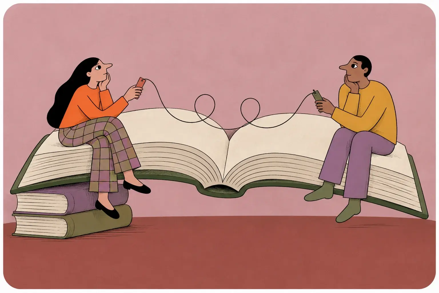 Two people sit on the pages of an open book, holding bookmarks joined by a looping thread.