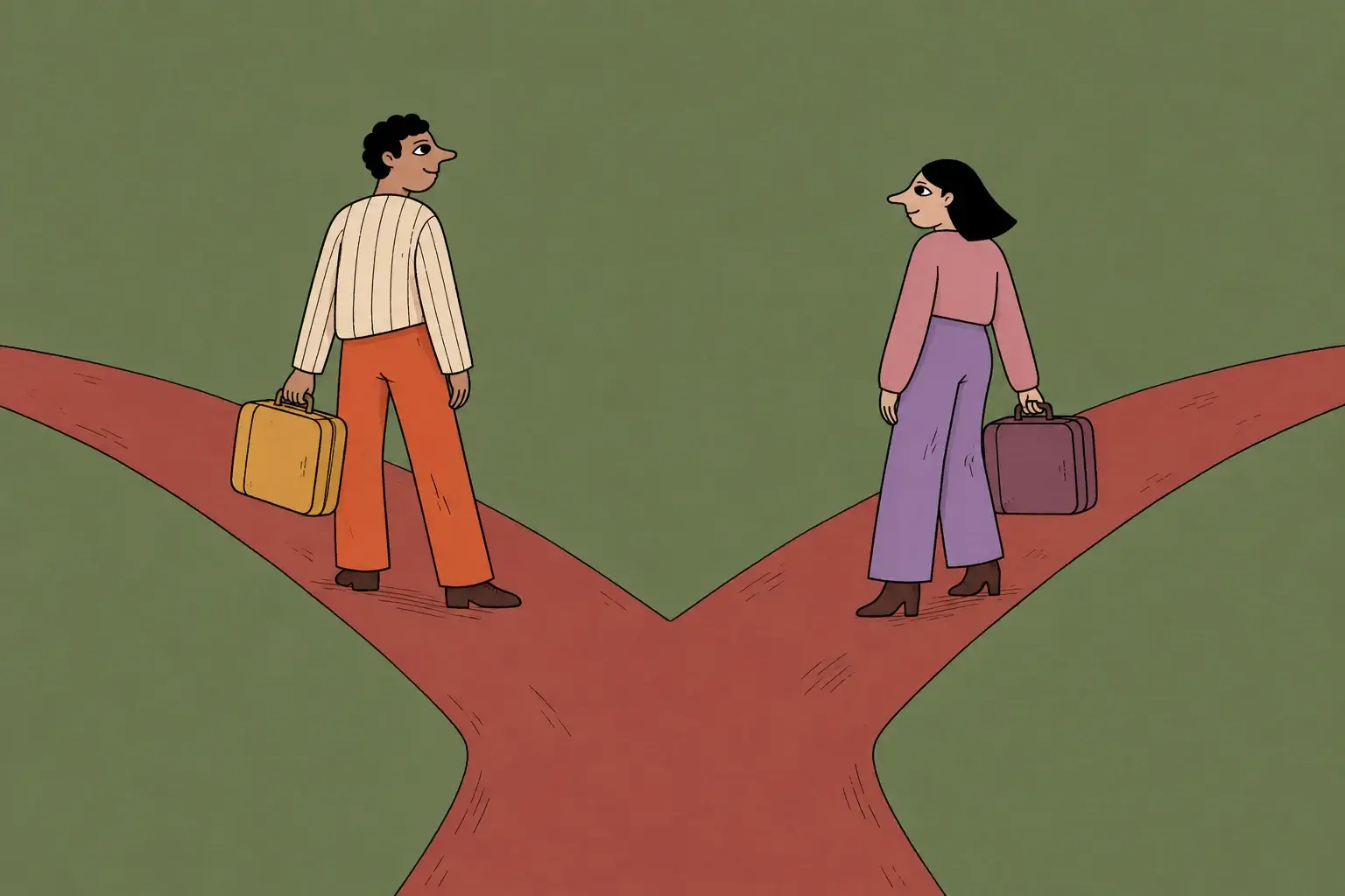 Two people carrying suitcases pause where one path divides into two.