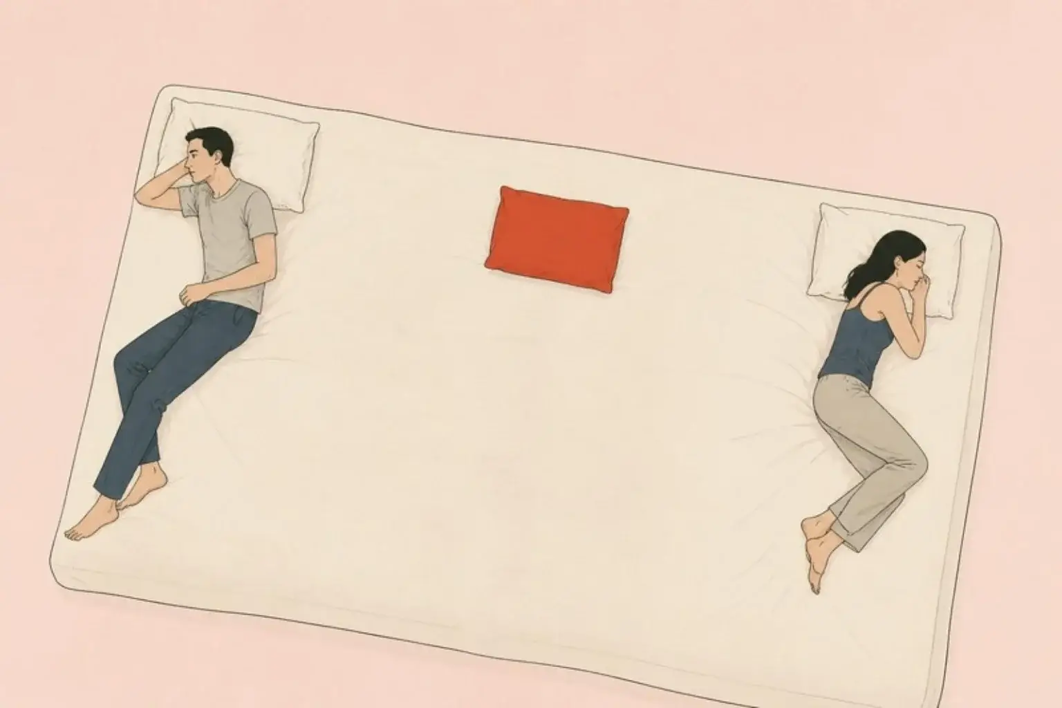 Sexless marriage: a couple lie at opposite edges of a very wide bed with a red pillow alone in the middle
