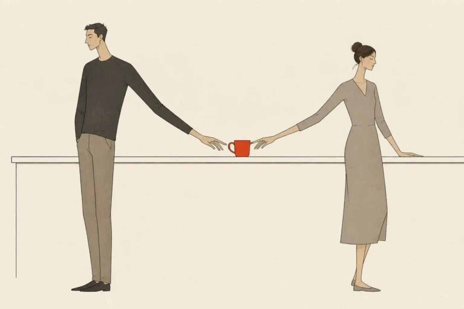 The reasons a couple share before an affair: a man and a woman pass a red mug along a long counter without looking at each other