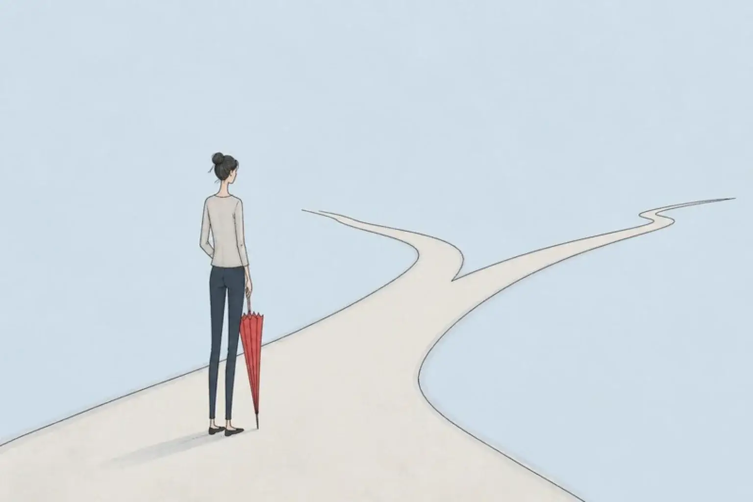 Should I divorce my husband: a woman holding a red umbrella stands where a path divides into two