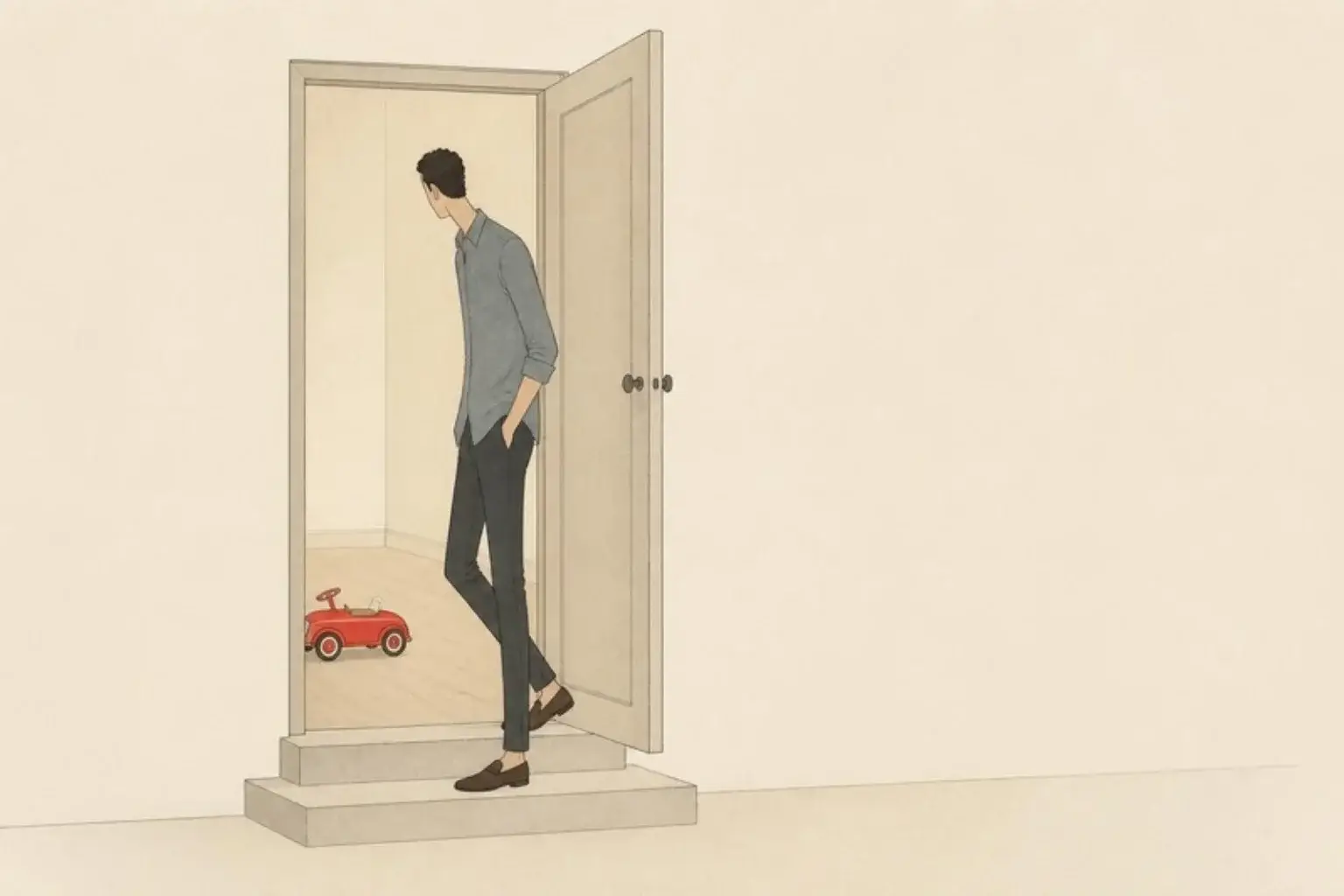 Should I leave my marriage: a man stands in a doorway with one foot outside, a red toy car on the floor inside