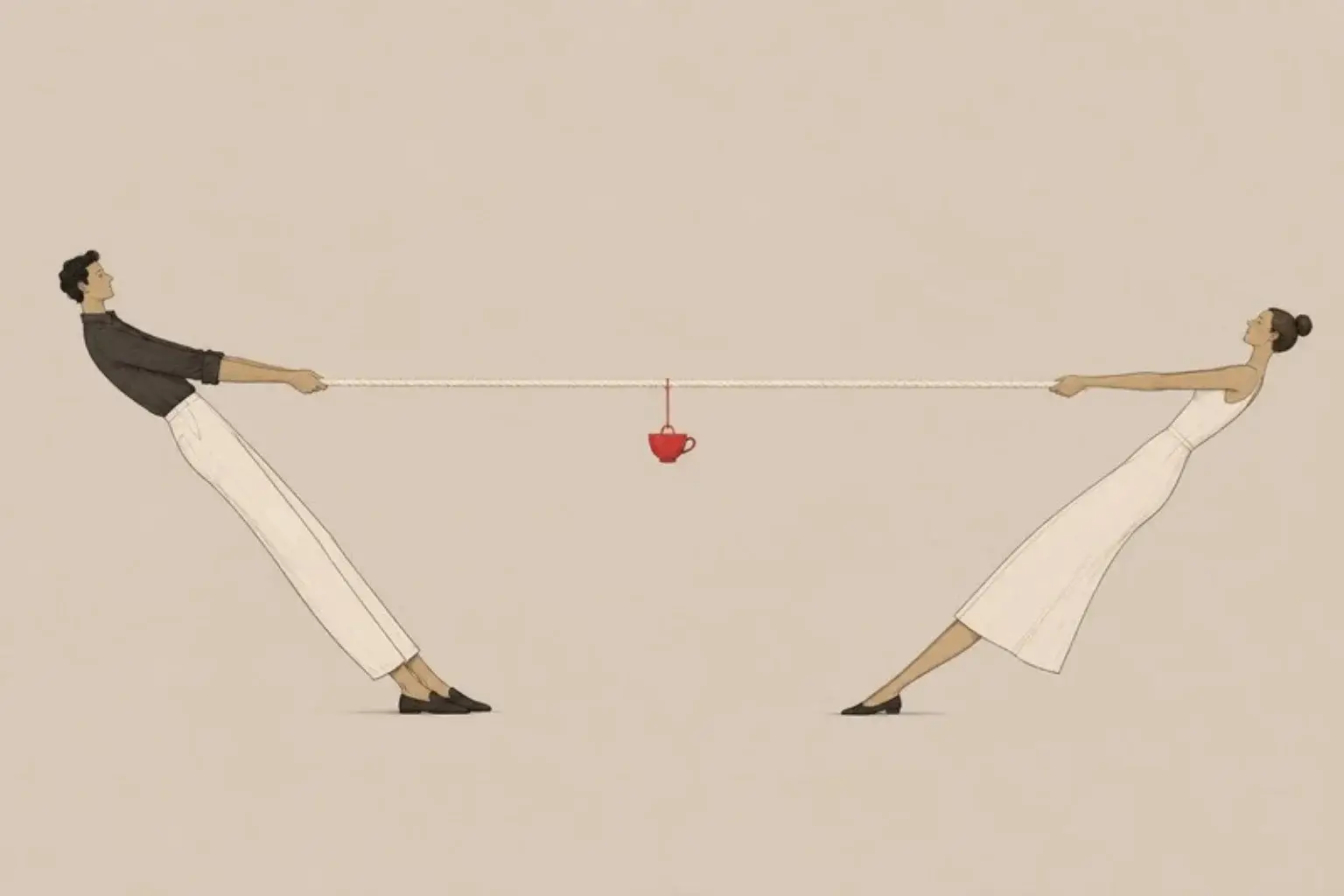 A man and a woman lean backwards pulling opposite ends of a long rope, a single red teacup hanging perfectly still from its middle.