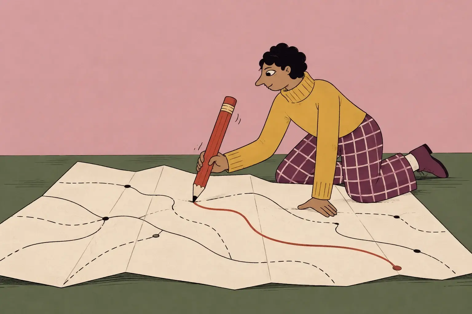 A young man draws a new route across a large map with an oversized pencil.