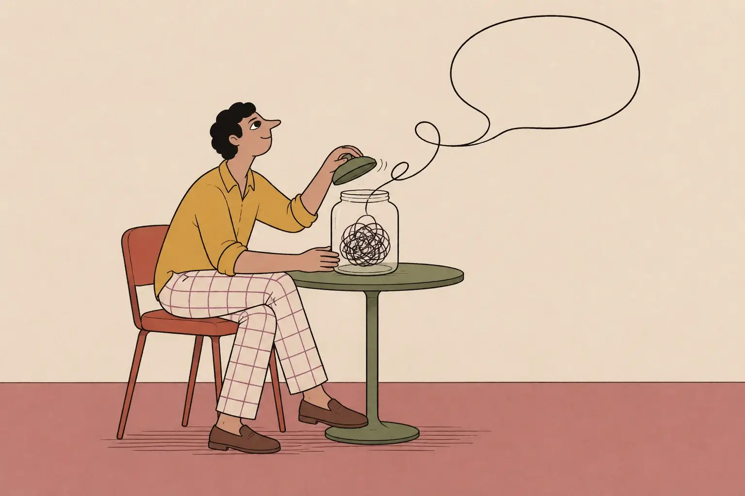 A young man opens a jar of tangled lines that unfurl into an empty speech bubble.