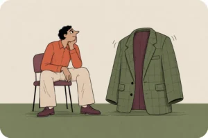 A man sits beside an oversized empty jacket.