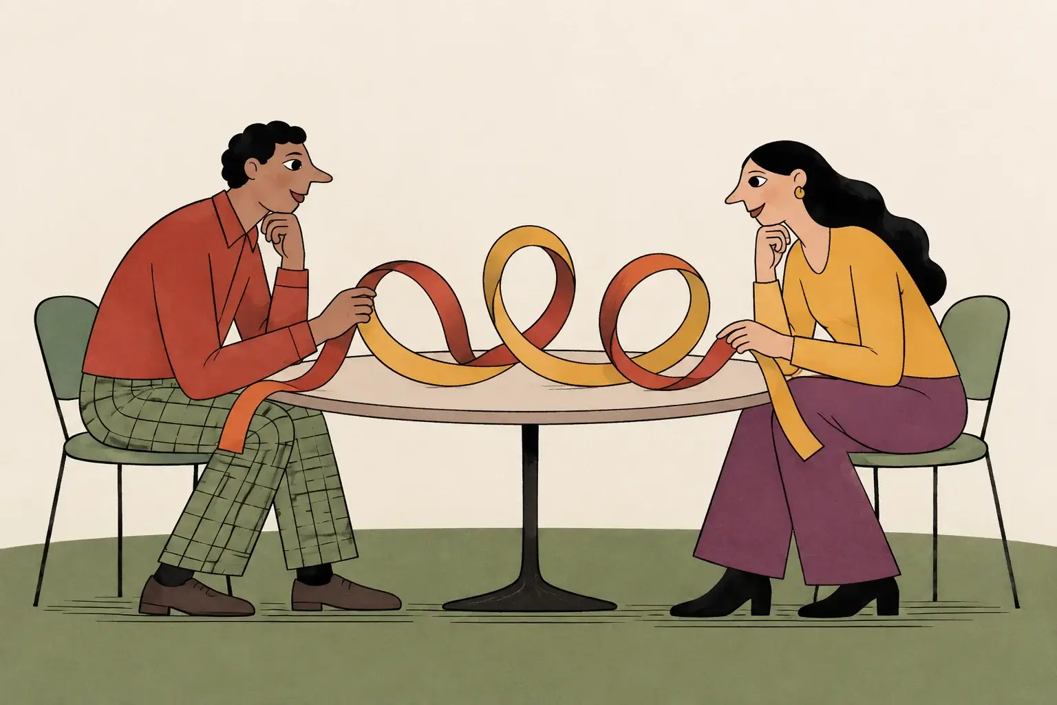 Two adults sit across a table, each holding an end of a ribbon arranged in three loose loops.
