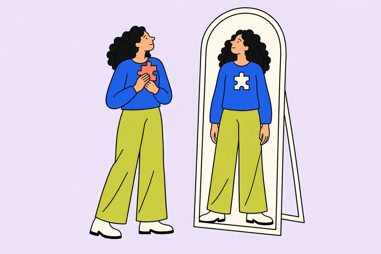 Illustration of a woman holding a coral puzzle piece beside a mirror with a matching space on her reflected jumper.